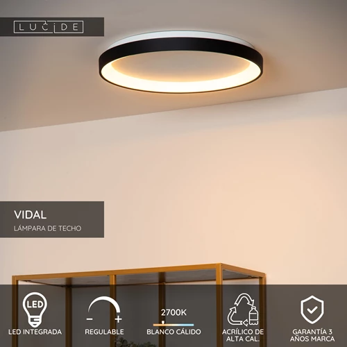 Lucide VIDAL - Lámpara de techo - Ø 48 cm - LED Regul. - 1x38W 2700K - Negro - USP